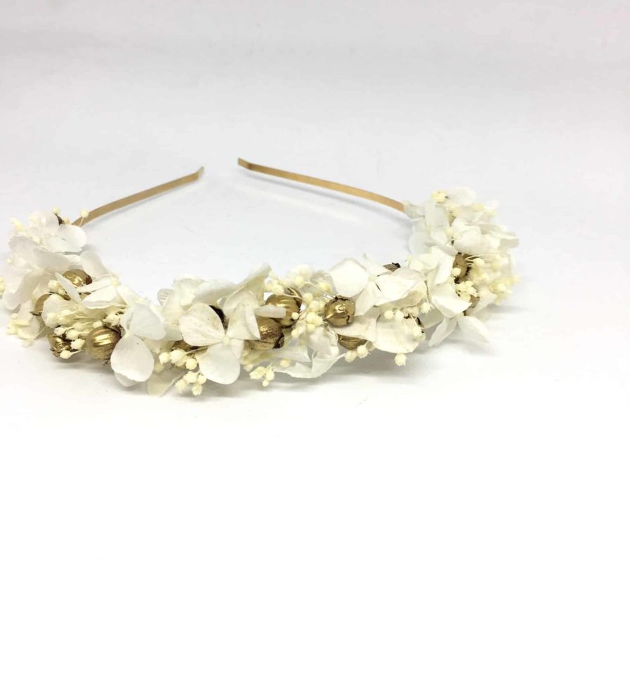 Headband de mariage Aura en fleurs naturelles séchées et stabilisées - Accessoire de cheveux pour la mariée