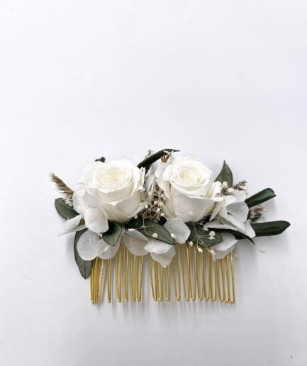 Peigne de fleurs Elaia pour la mariée avec feuilles d'olivier
