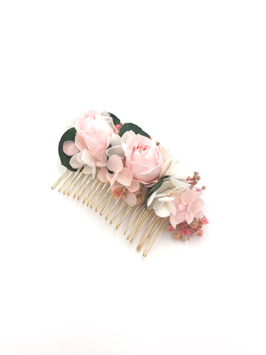 Peigne de mariée Confetti en fleurs stabilisées roses et eucalyptus