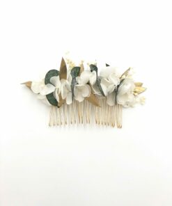 Peigne de fleurs stabilisées Opaline aux tons végétal et blanc