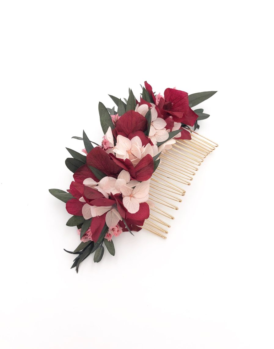 Peigne en fleurs bordeaux pour la mariée Carmin - Collection Couture