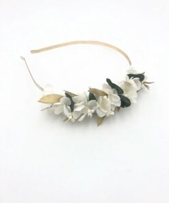 Headband en fleurs stabilisées Opaline - Eucalyptus et feuilles dorées