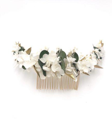 Peigne en fleurs stabilisées Opaline long - Or et végétal