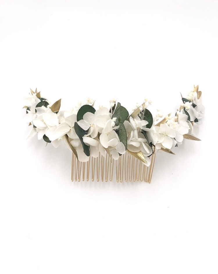 Peigne en fleurs stabilisées Opaline long - Or et végétal