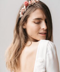 Headband de mariée en fleurs stabilisées Grenat aux tons roses